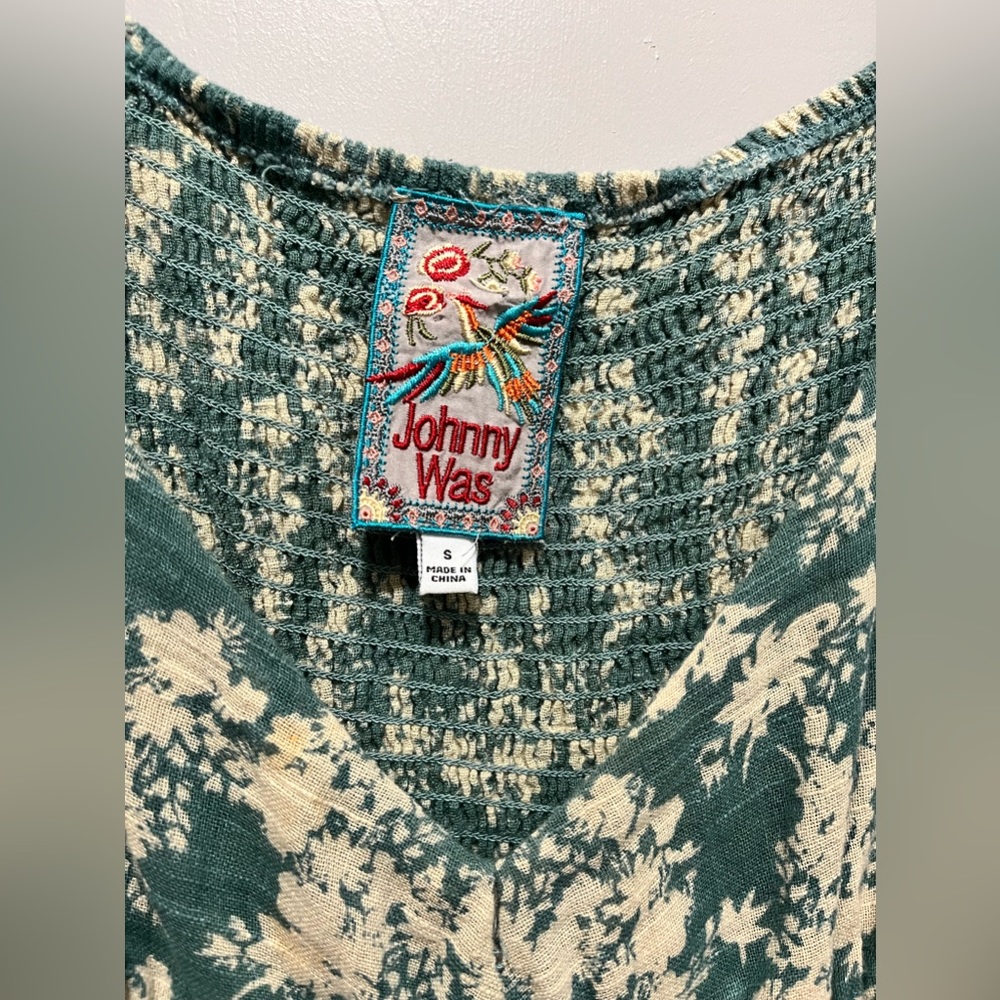 Johnny Was Teal Green Floral Puff-Sleeve Maxi Dress - Picture 2 of 3